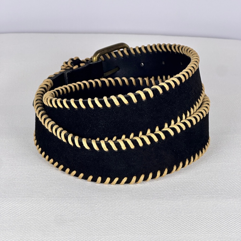 Whipstitch 90s Black Leather Belt Textural Vintage Suede Brass Hardware L - Picture 2 of 7